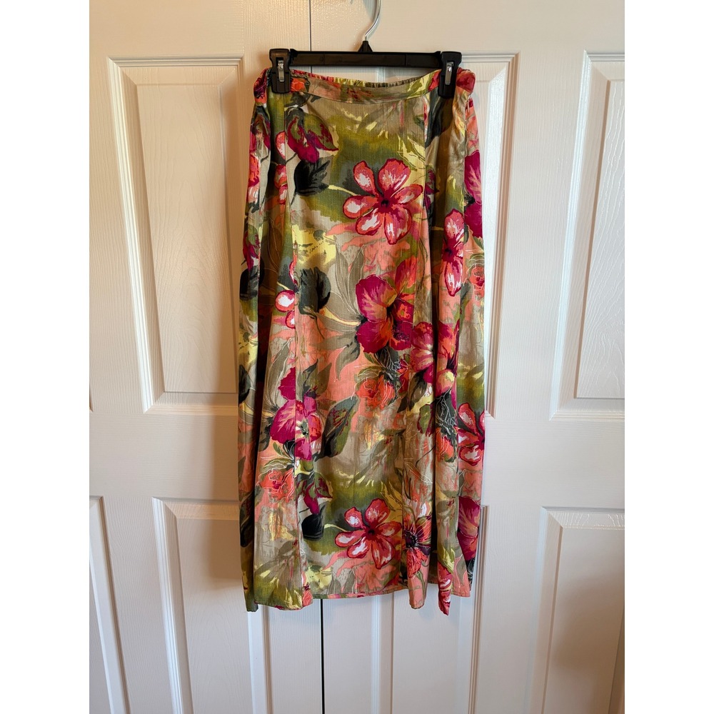 Koret Women 14 Tropical Floral Maxi Skirt Pink Green Rayon Elastic K1738009M